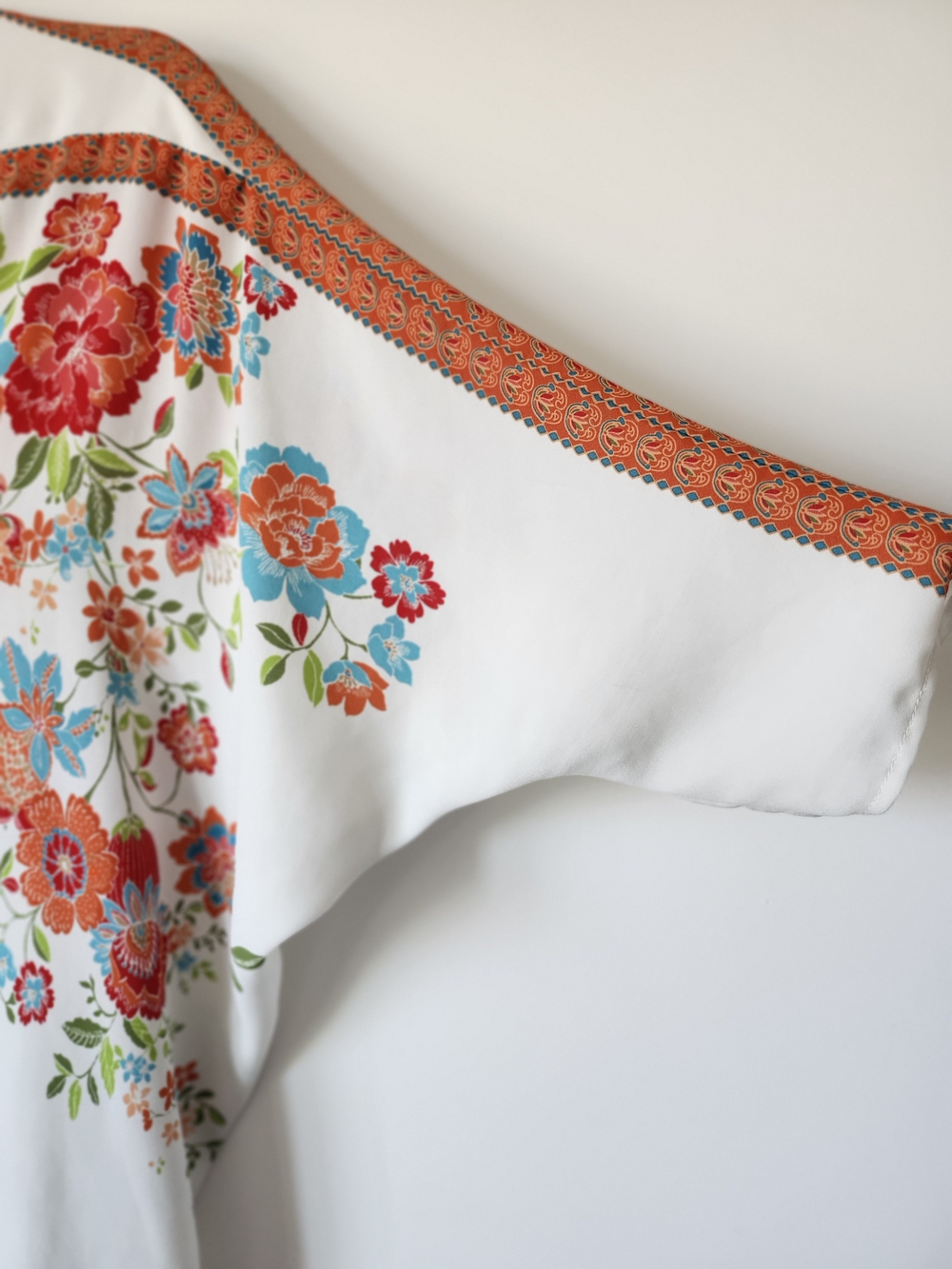 Rose & Olive White Floral Kimono Top with Orange Trim and Multicolor Blooms - Picture 4 of 8